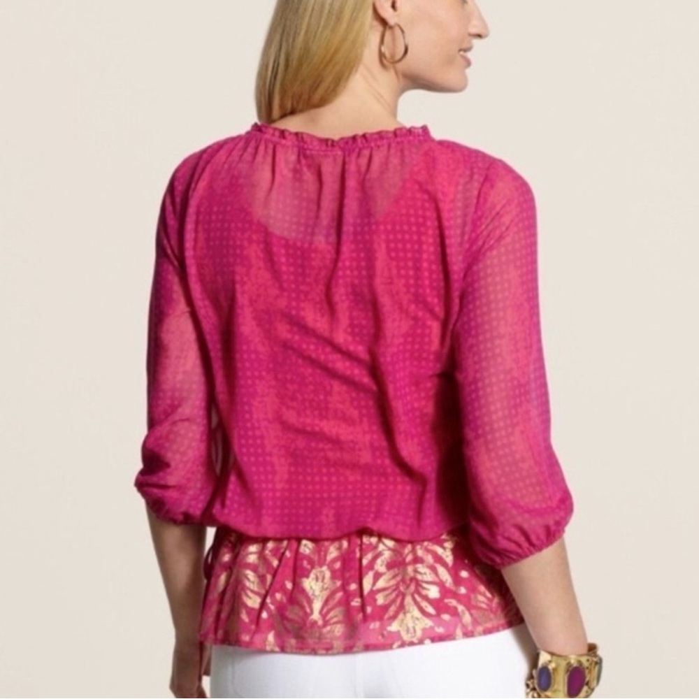 Chico’s Damask Shimmer‎ Lacy Top 1 M Medium 3/4 Sleeve Bengali Pink Gold Sheer - Picture 2 of 7
